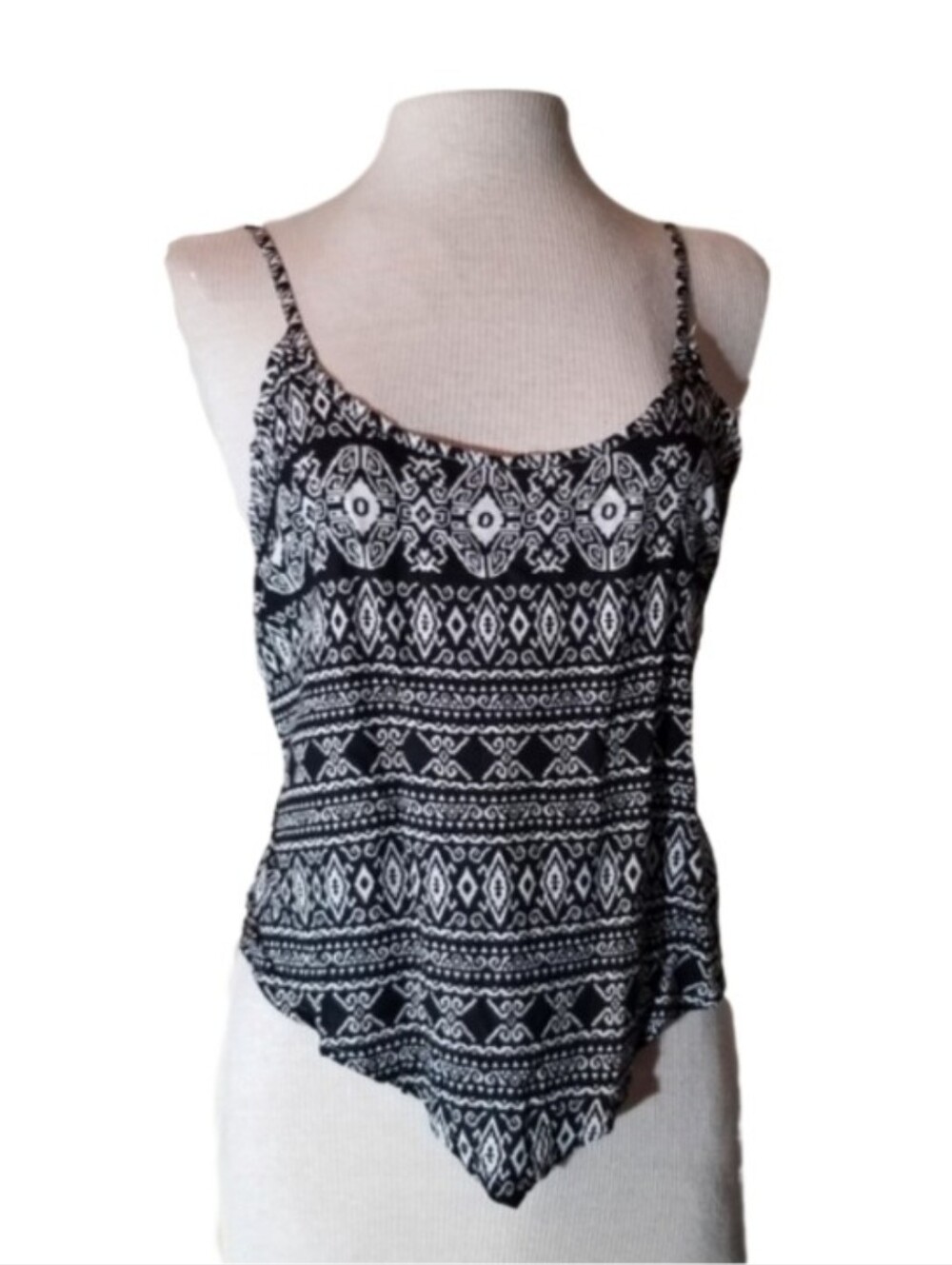Raya Sun Top Spaghetti Strap Geo Pattern Handkerchief Black and White Size L
